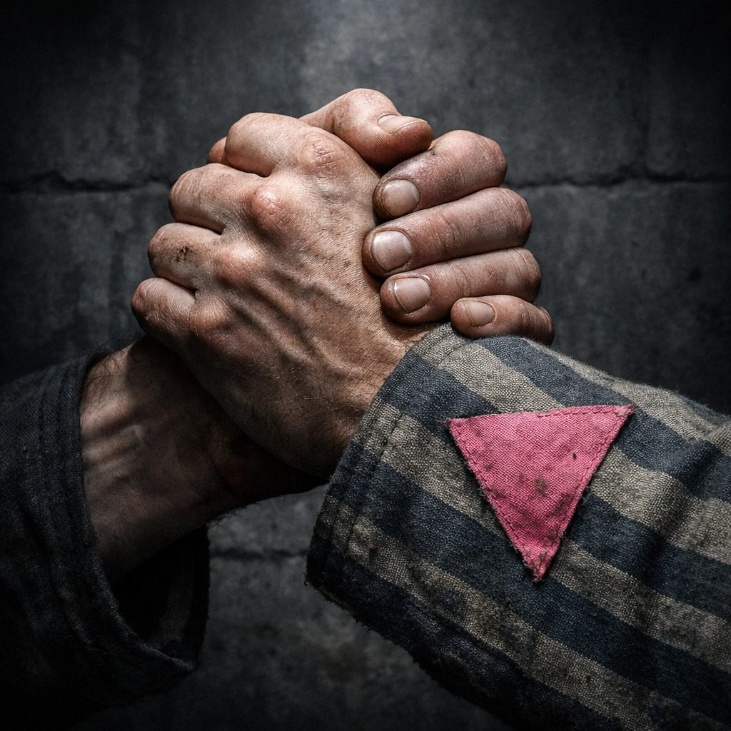 Hands clasping beside a pink triangle patch representing gay resilience and history during the Nazi era.