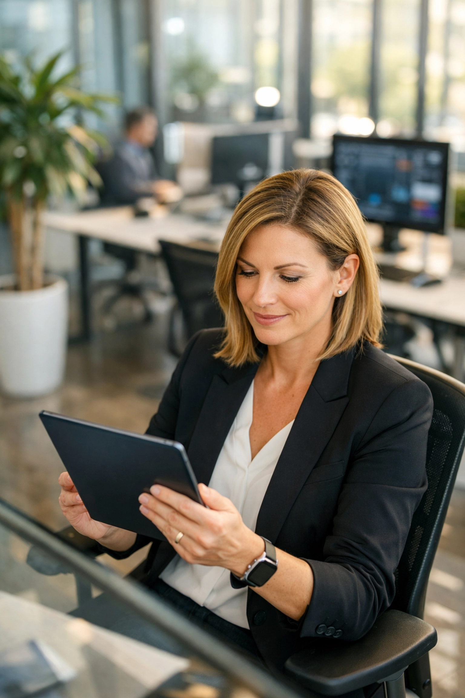 IT director analyzing ServiceNow Agentic AI ROI and ITOM data on a digital tablet in a modern office.