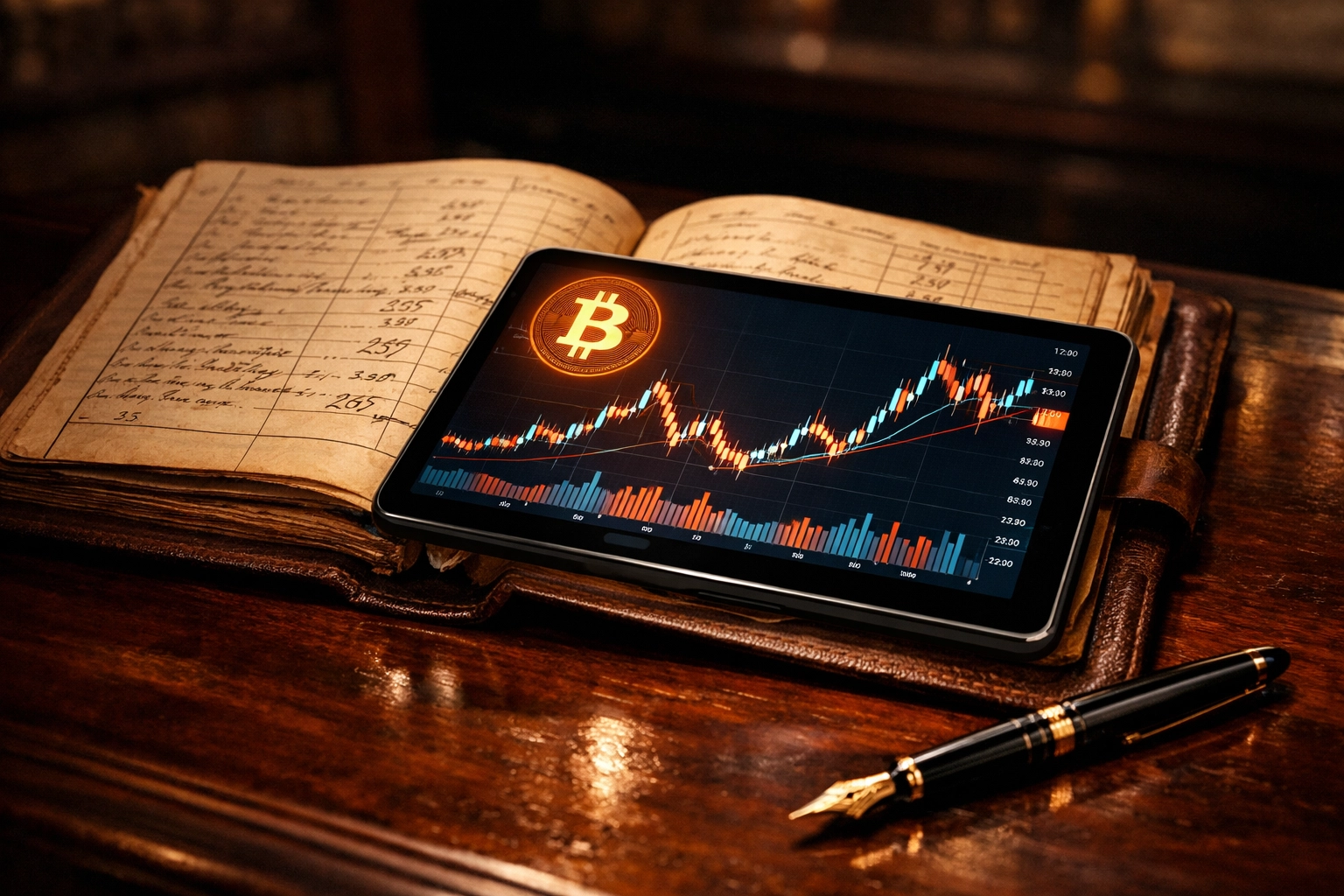 Traditional finance ledger with digital Bitcoin chart symbolizing institutional investment blend