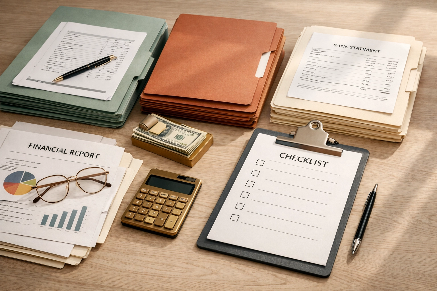 Color-coded file folders and financial paperwork organized for bookkeeping clean up services