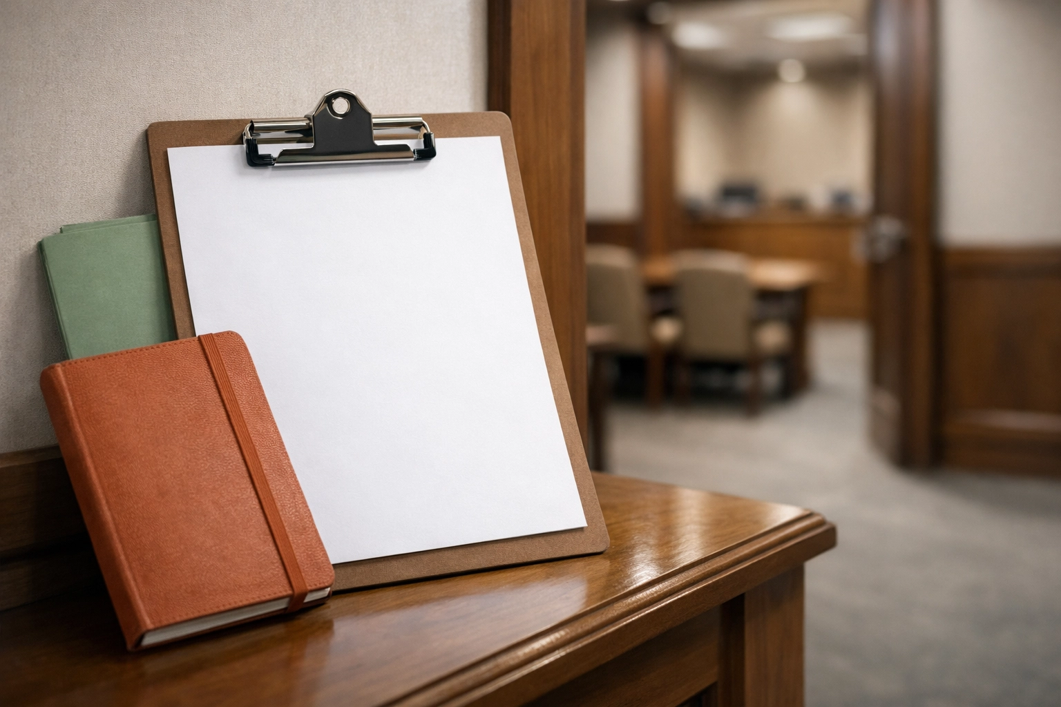 Neutral courthouse interior with clipboard and sage folder in a Business Boho palette, illustrating divorce court scheduling in Virginia.