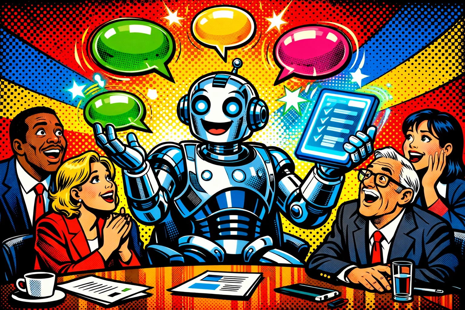 AI business automation robot taking meeting notes and summarizing action items for a team.