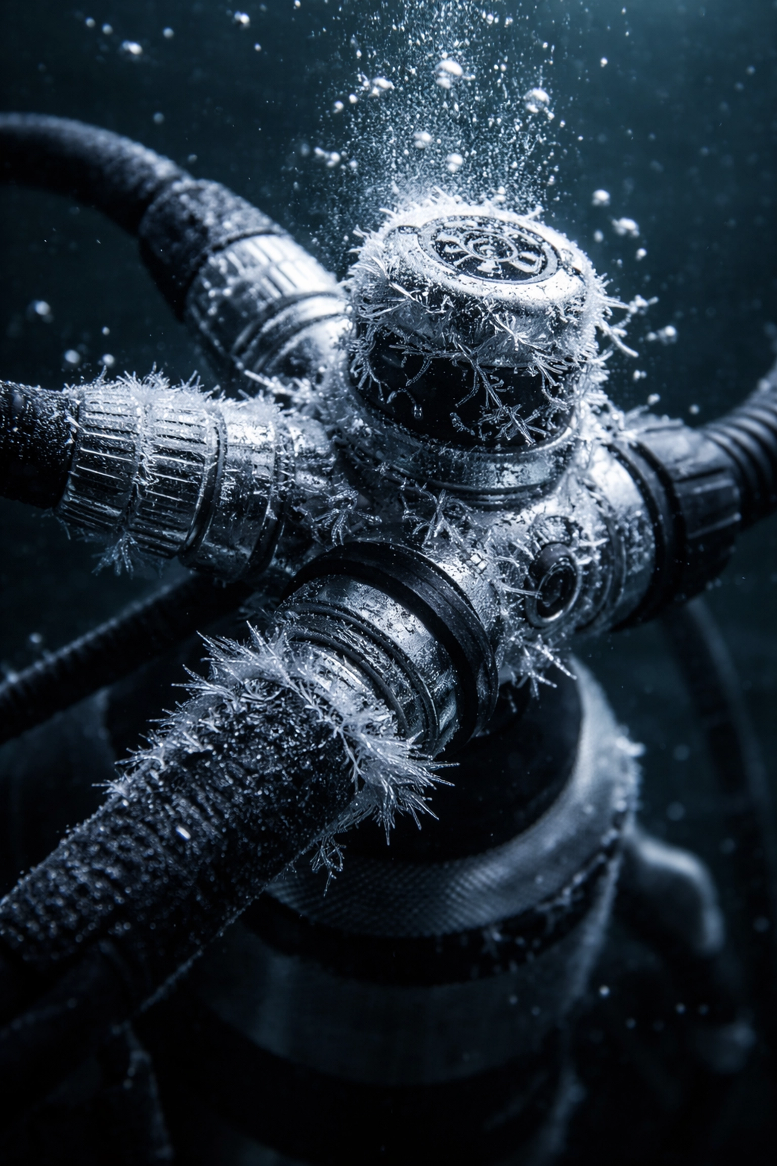 Nahaufnahme eines vereisten Tauchatemreglers im kalten Wasser, zeigt mögliche Risiken beim Tauchen in Kaltwasser