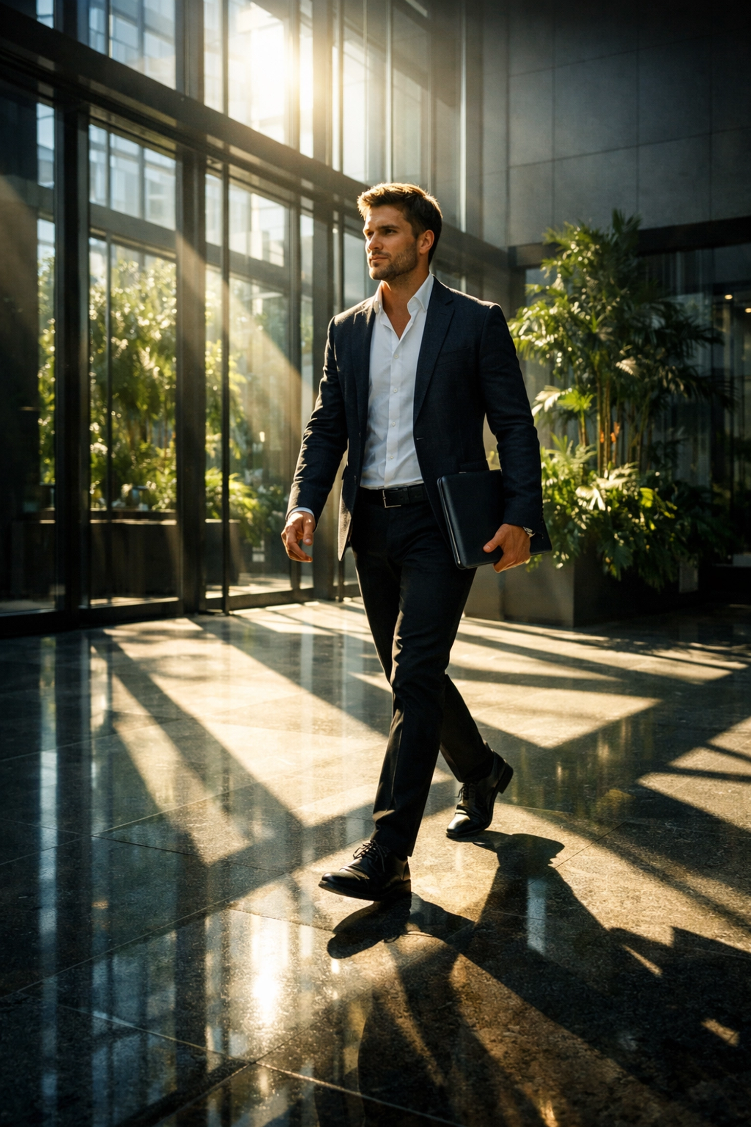 A young professional walking through a modern office, representing successful career integration.