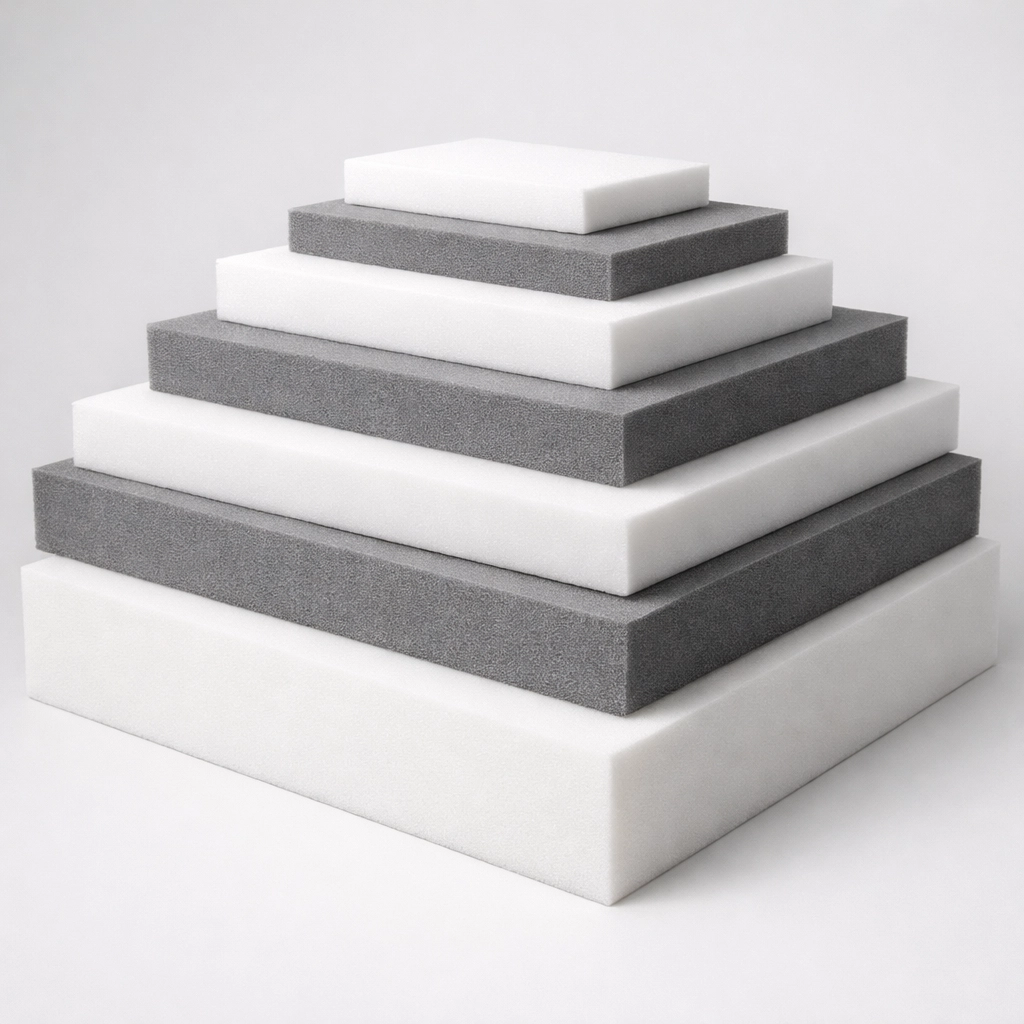 Stacked premium custom-cut foam blocks for furniture restoration and cushion replacement.