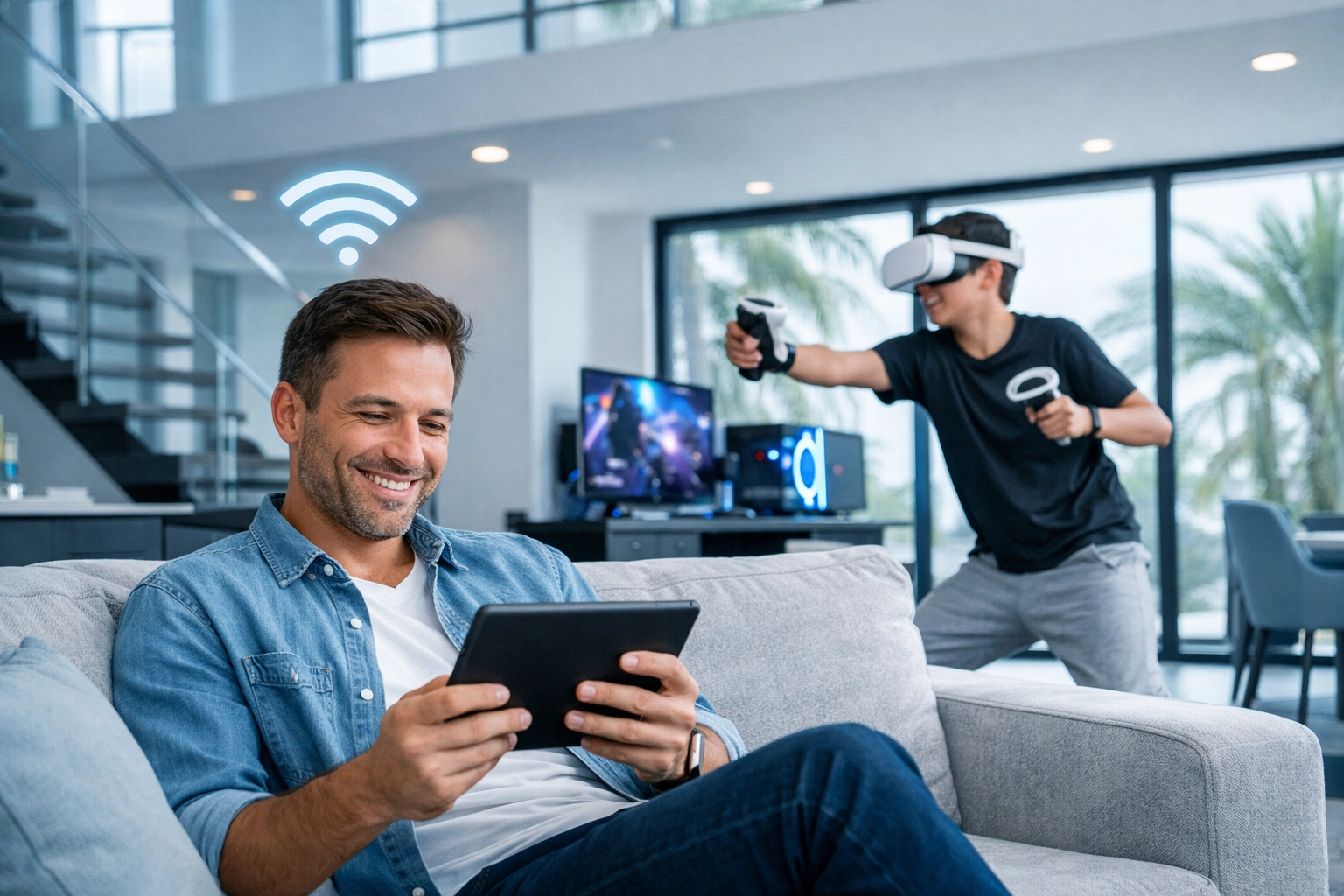 A family using multiple devices and VR gaming in a luxury home with seamless Wi-Fi 7 coverage.