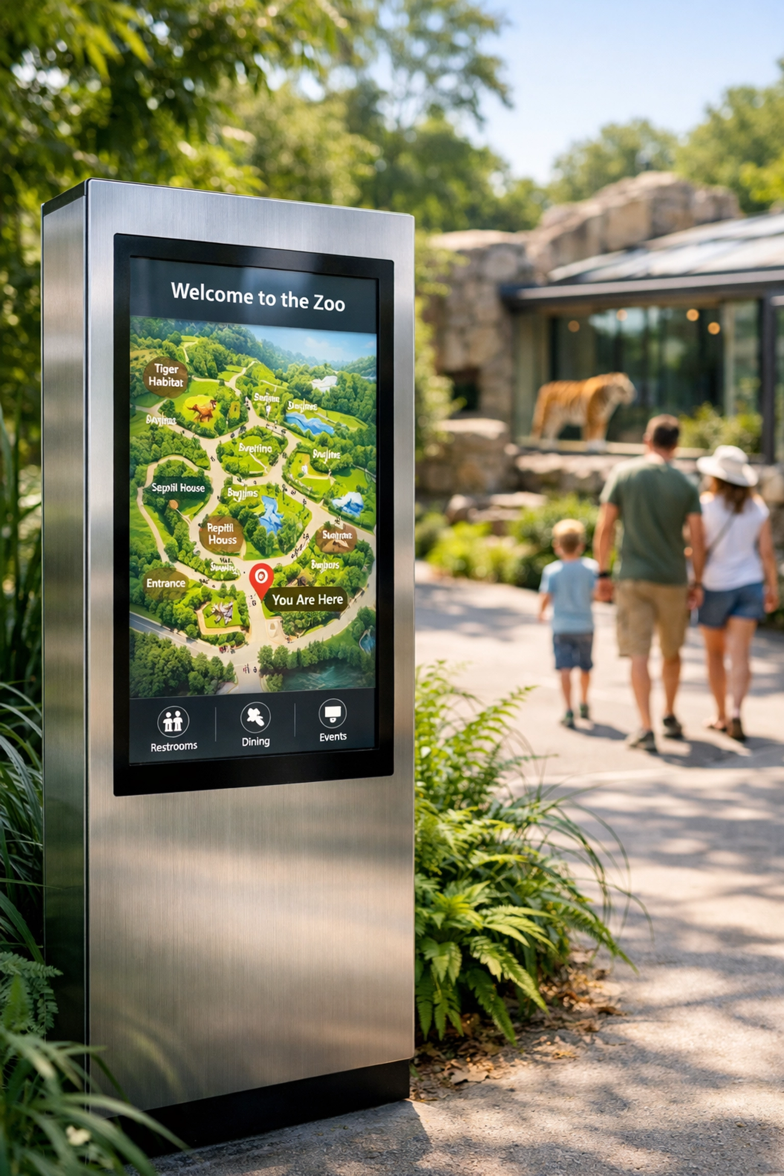 Interactive digital signage kiosk in a modern zoo environment showcasing creative marketing services for brand sponsors.