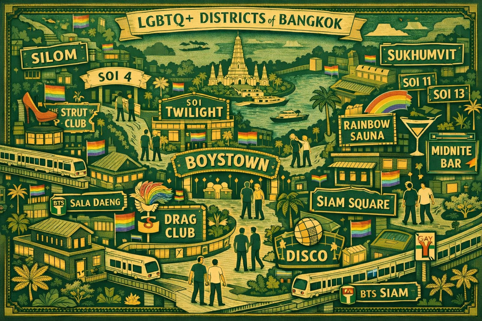 Map of Bangkok's gay-friendly districts including Silom and LGBTQ+ neighborhoods
