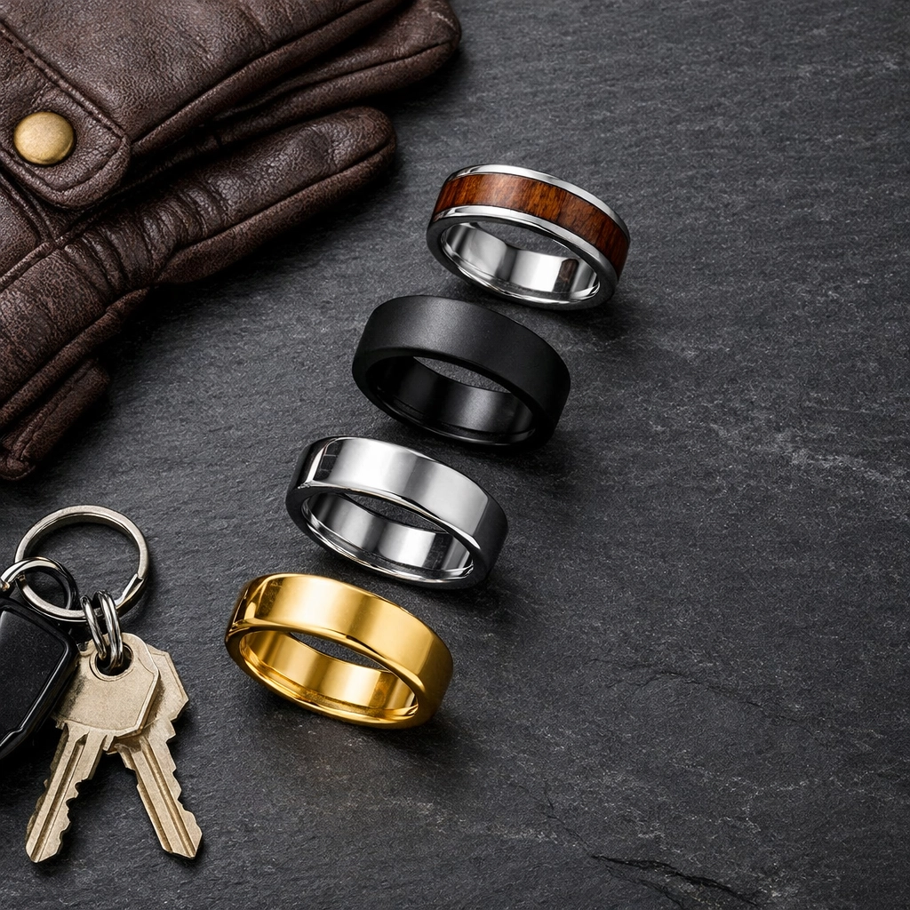 Assorted men's fashion rings and wedding bands displayed with leather gloves and everyday carry items.
