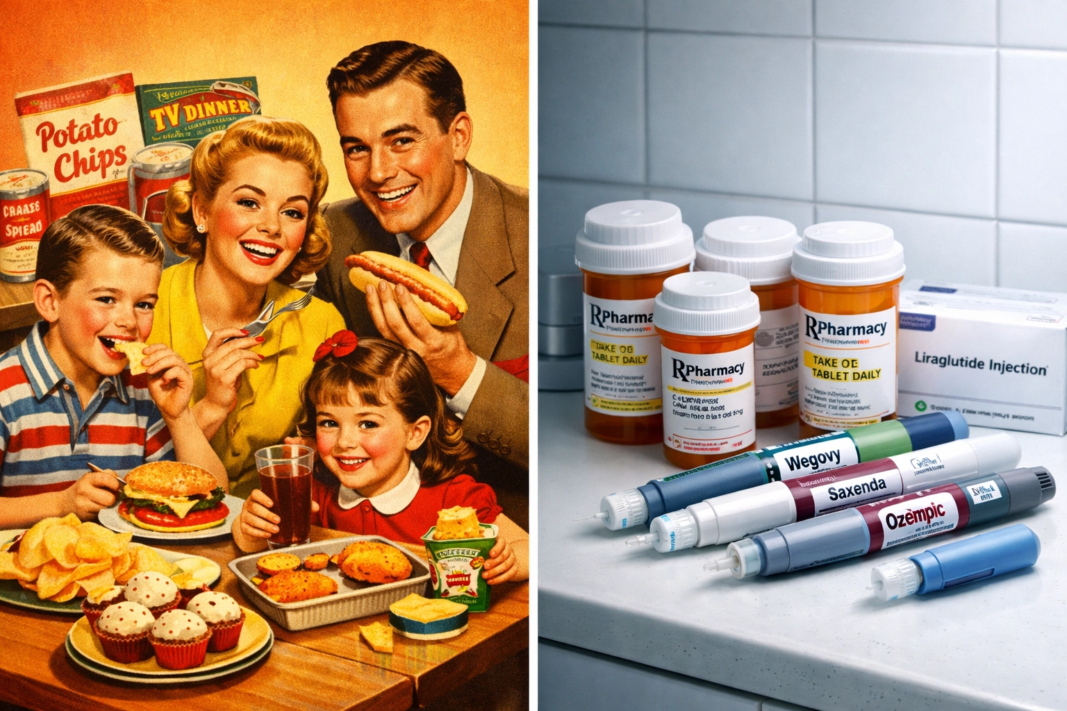 Food industry transformation from 1950s processed food era to modern weight loss medication era