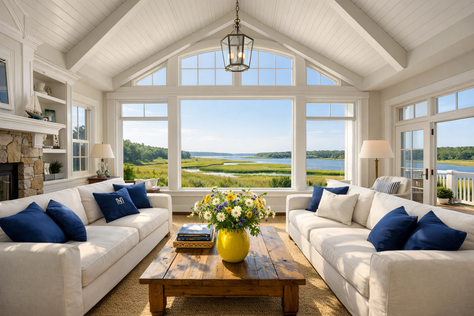 Clean, sun-drenched living room in New Seabury, Mashpee, showing professional residential cleaning results.