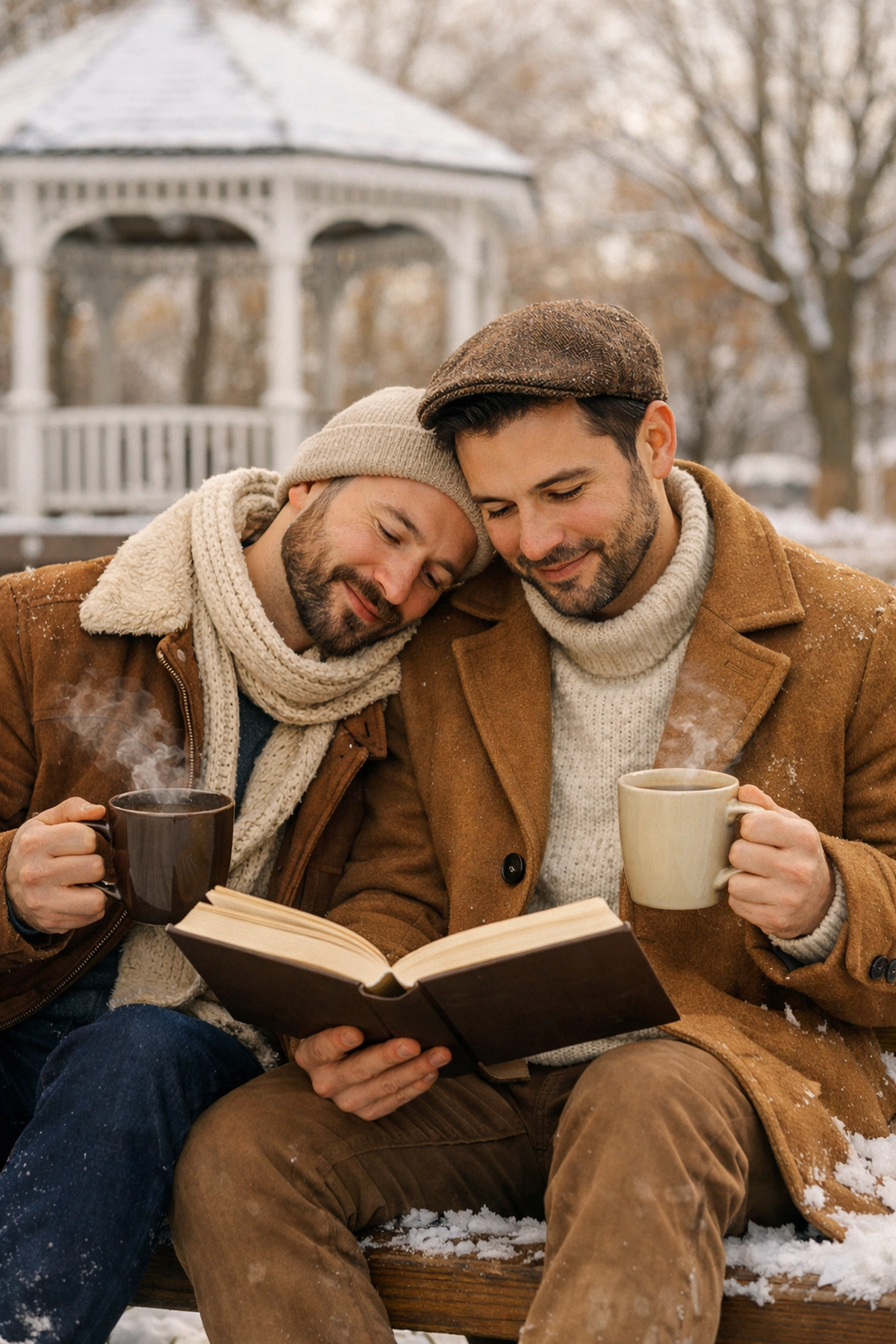 Two gay men enjoying coffee and reading together on a snowy park bench during winter.