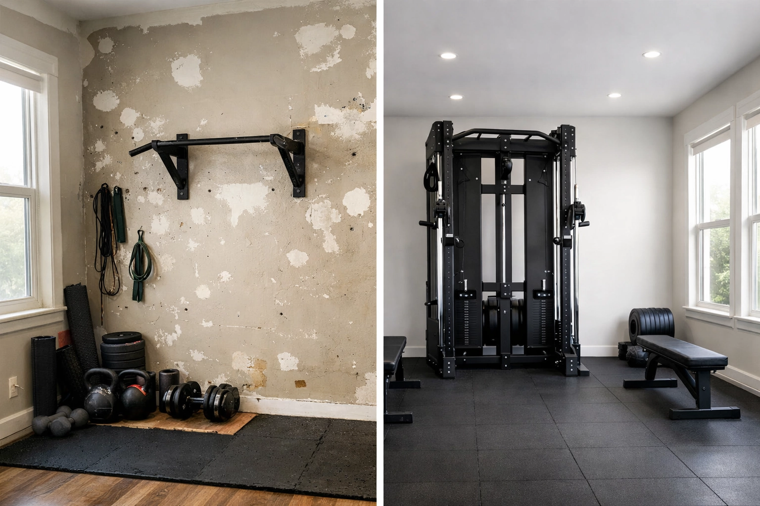 Wall-mounted pull up bar damage compared to floor to ceiling gym with no wall damage