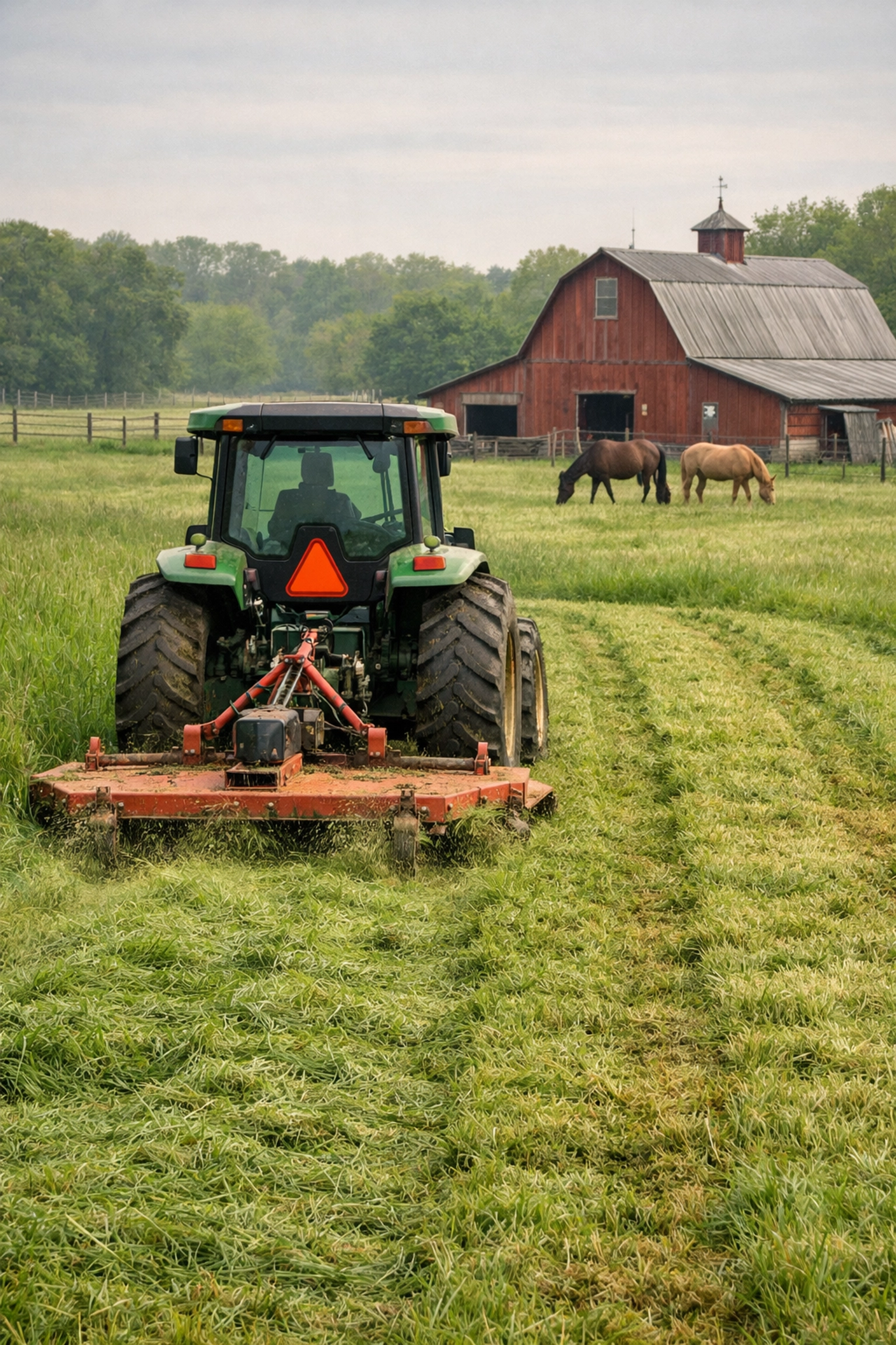 Tractor mowing horse pasture at optimal height for maintenance and soil health