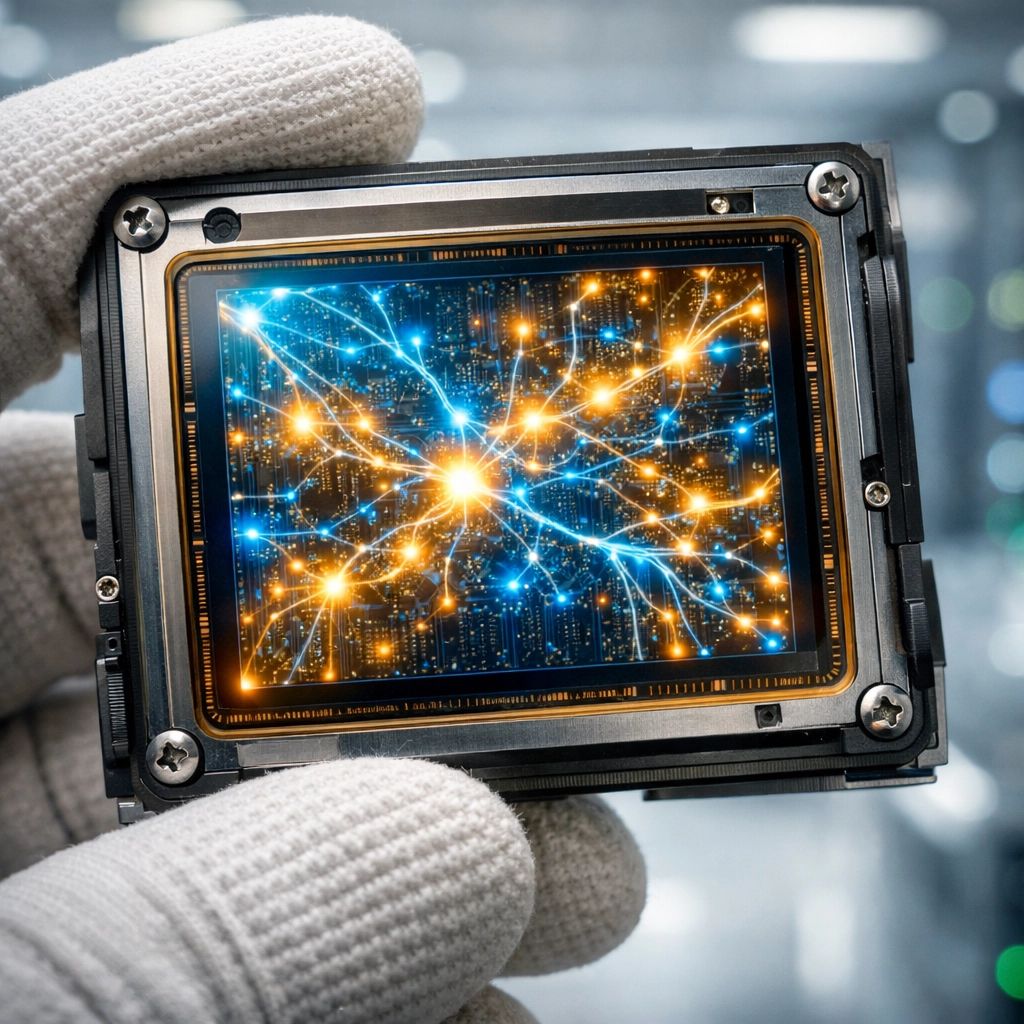 Close-up of a full-frame AI sensor showing glowing neural pathways for intelligent image processing.