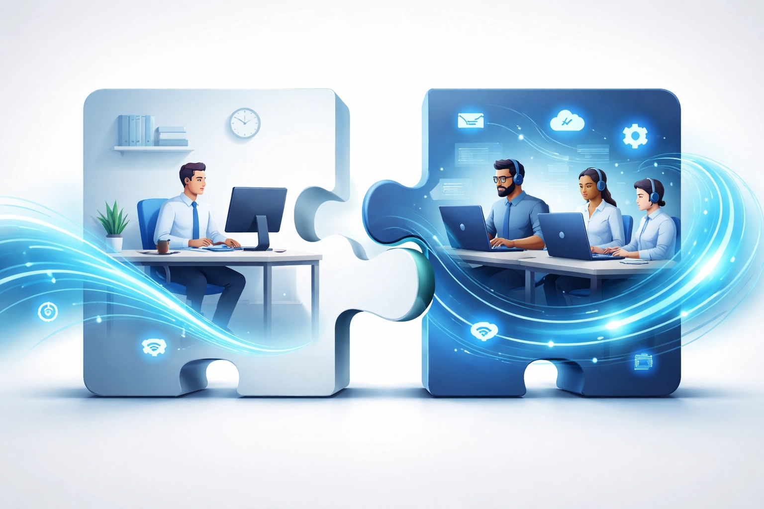 Office worker and remote IT team as puzzle pieces connecting, illustrating co-managed and hybrid IT solutions
