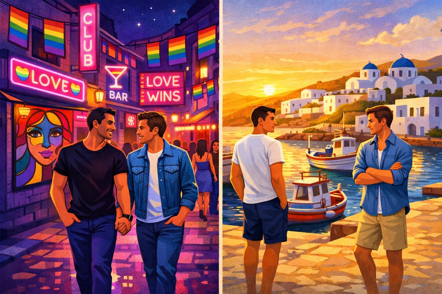 Urban Athens gay nightlife versus rural Greek island showing LGBTQ+ contrast