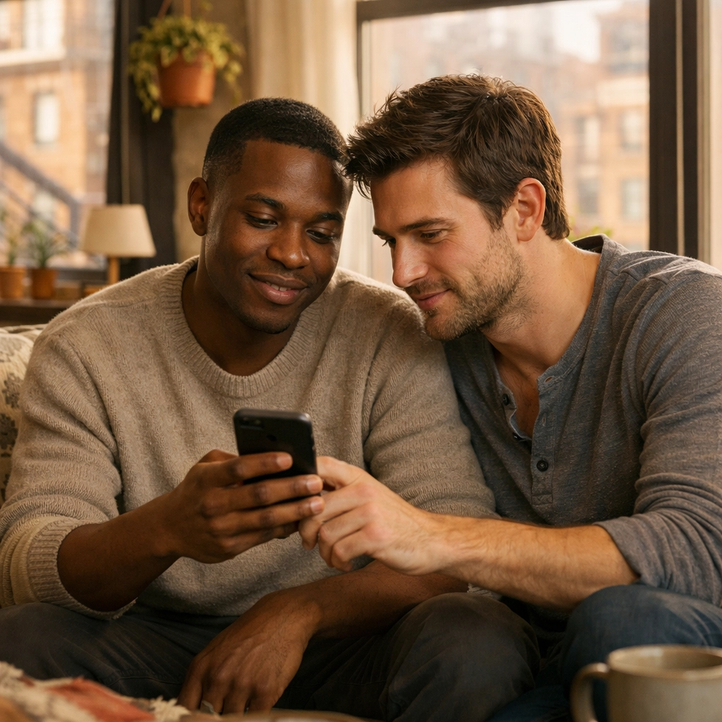 Gay couple searching for LGBTQ+ affirming church together in Brooklyn apartment