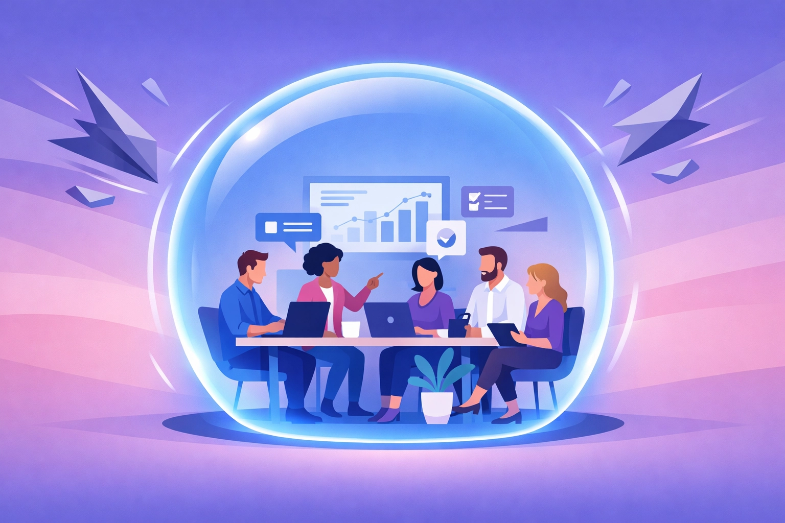 Business team collaborating in a secure digital environment with AI safety and data privacy protocols.