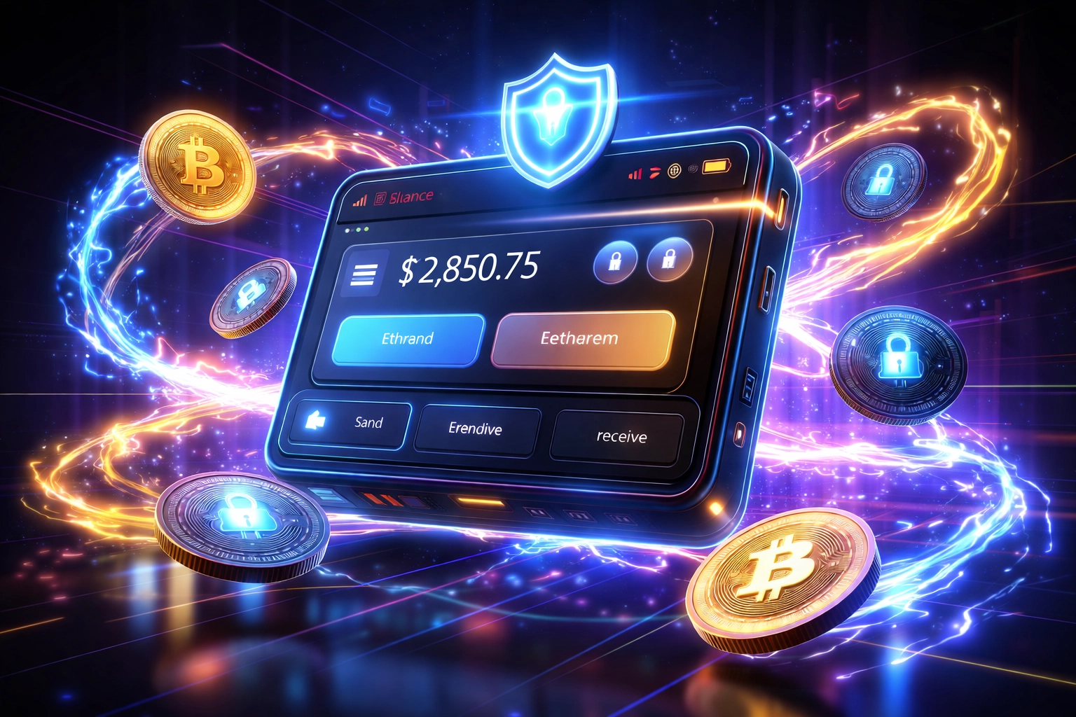 Digital wallet interface showcasing fast, secure crypto payments and cost savings for merchants