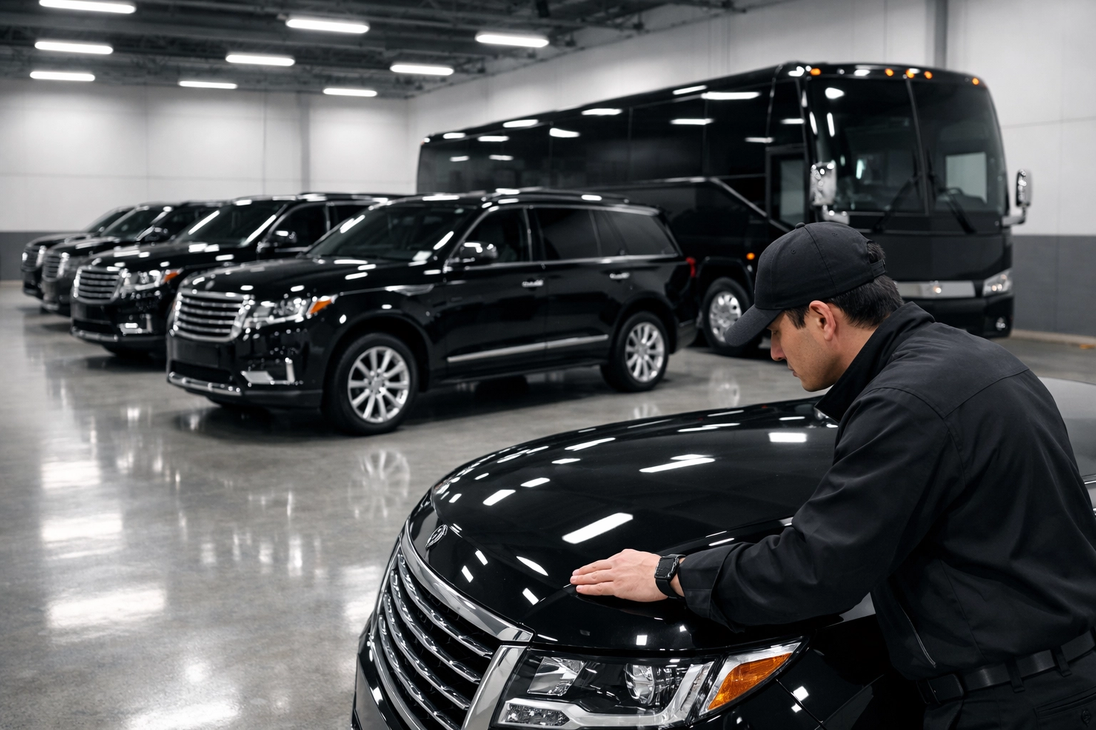 Professional inspection of luxury corporate fleet vehicles in a transportation logistics center.