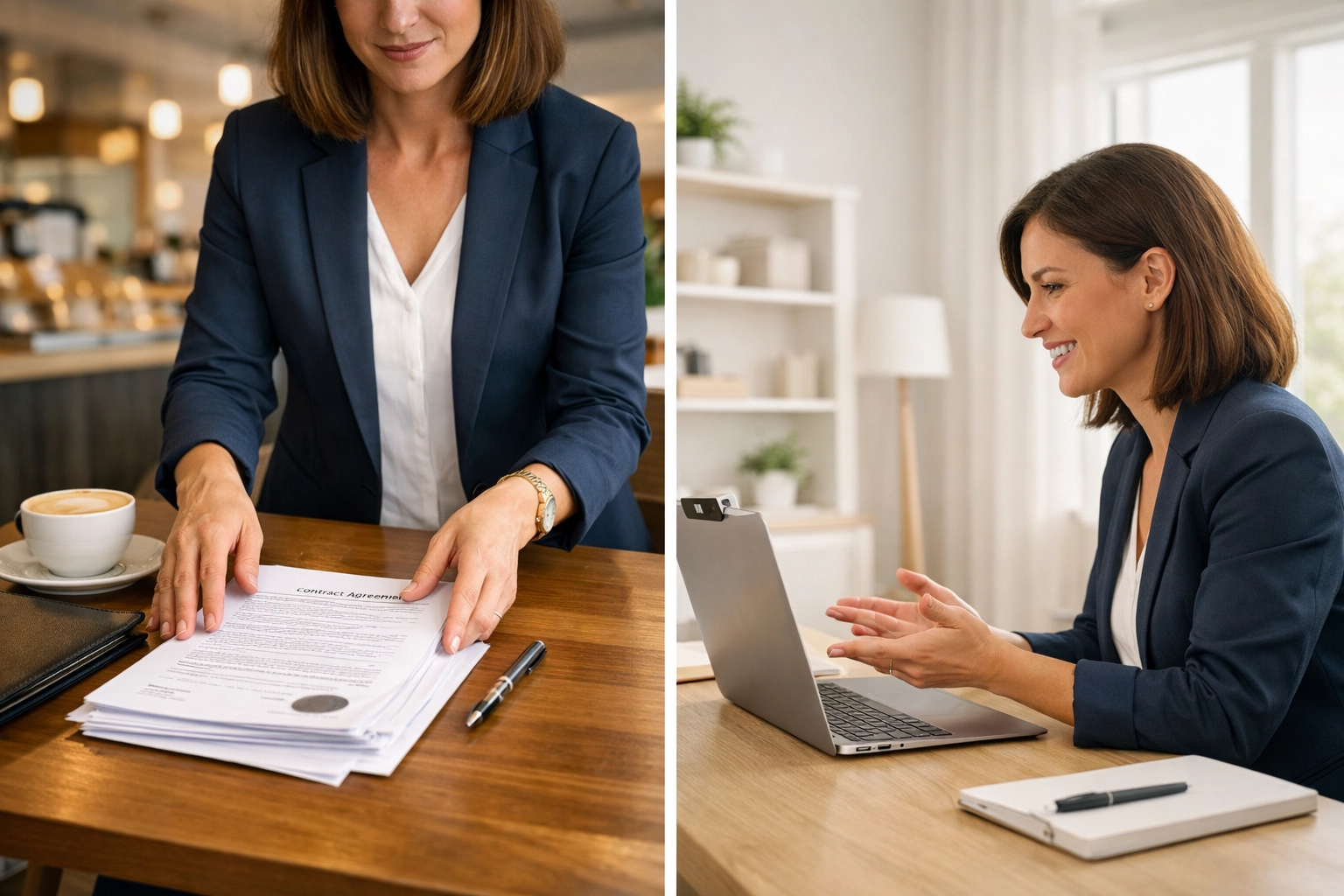 A side-by-side view of a mobile notary meeting at a cafe and a remote online notary performing a digital signing.