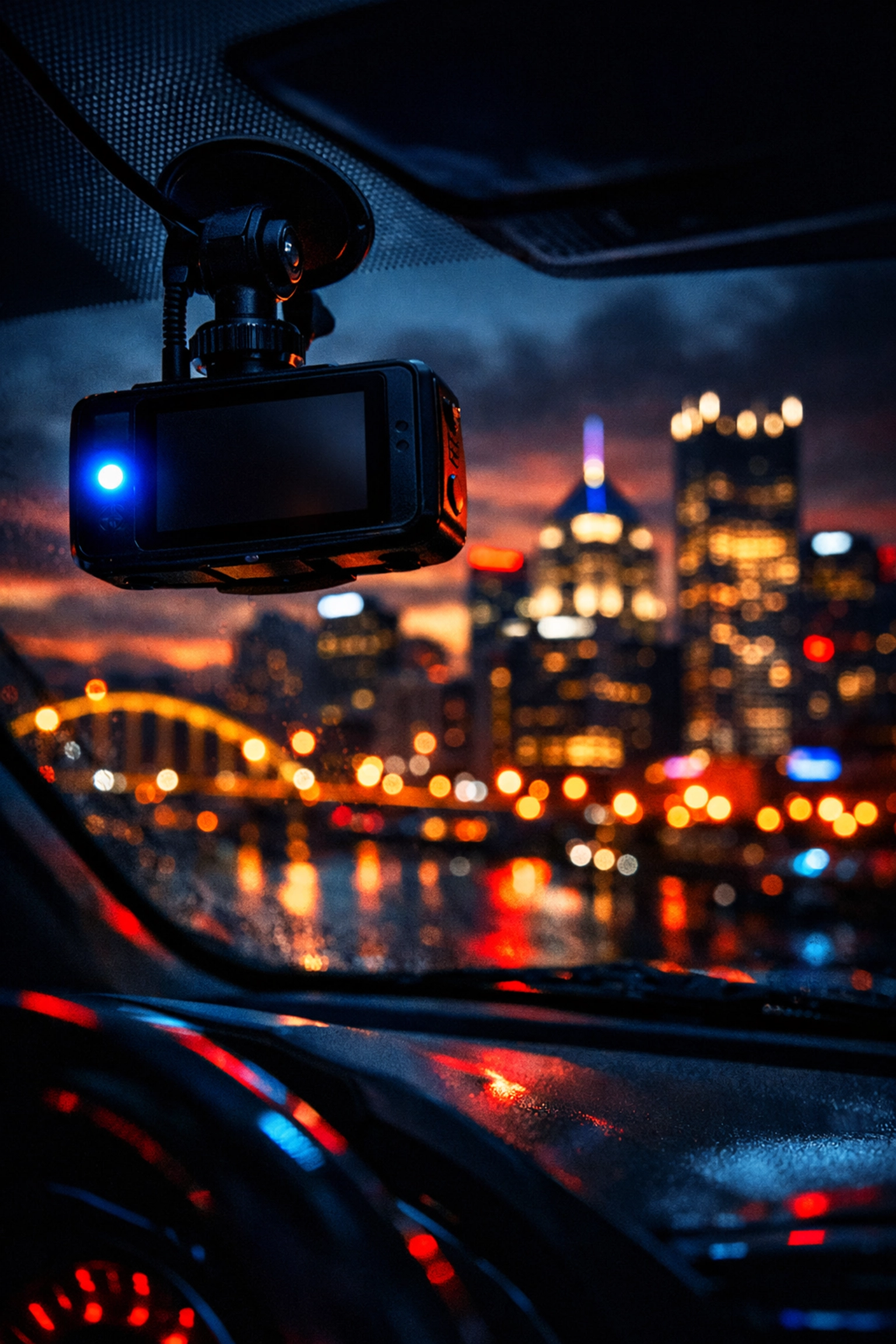 Dash cam mounted on car windshield with Pittsburgh downtown skyline view at dusk