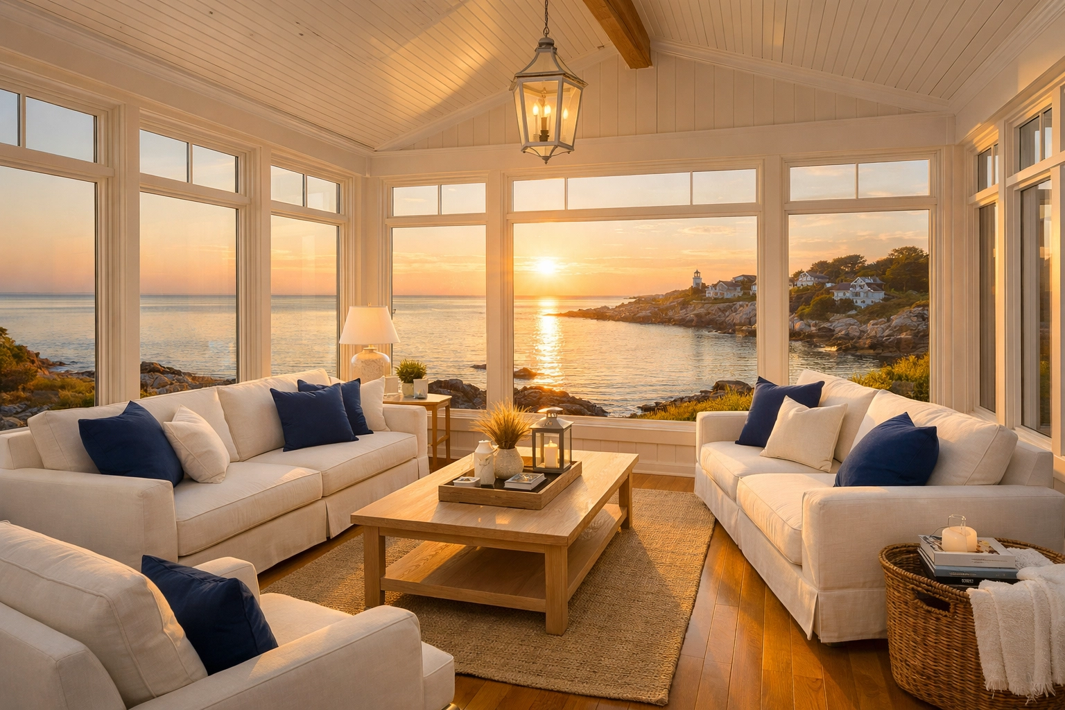 A clean and serene Cohasset sunroom with ocean views after professional residential cleaning.