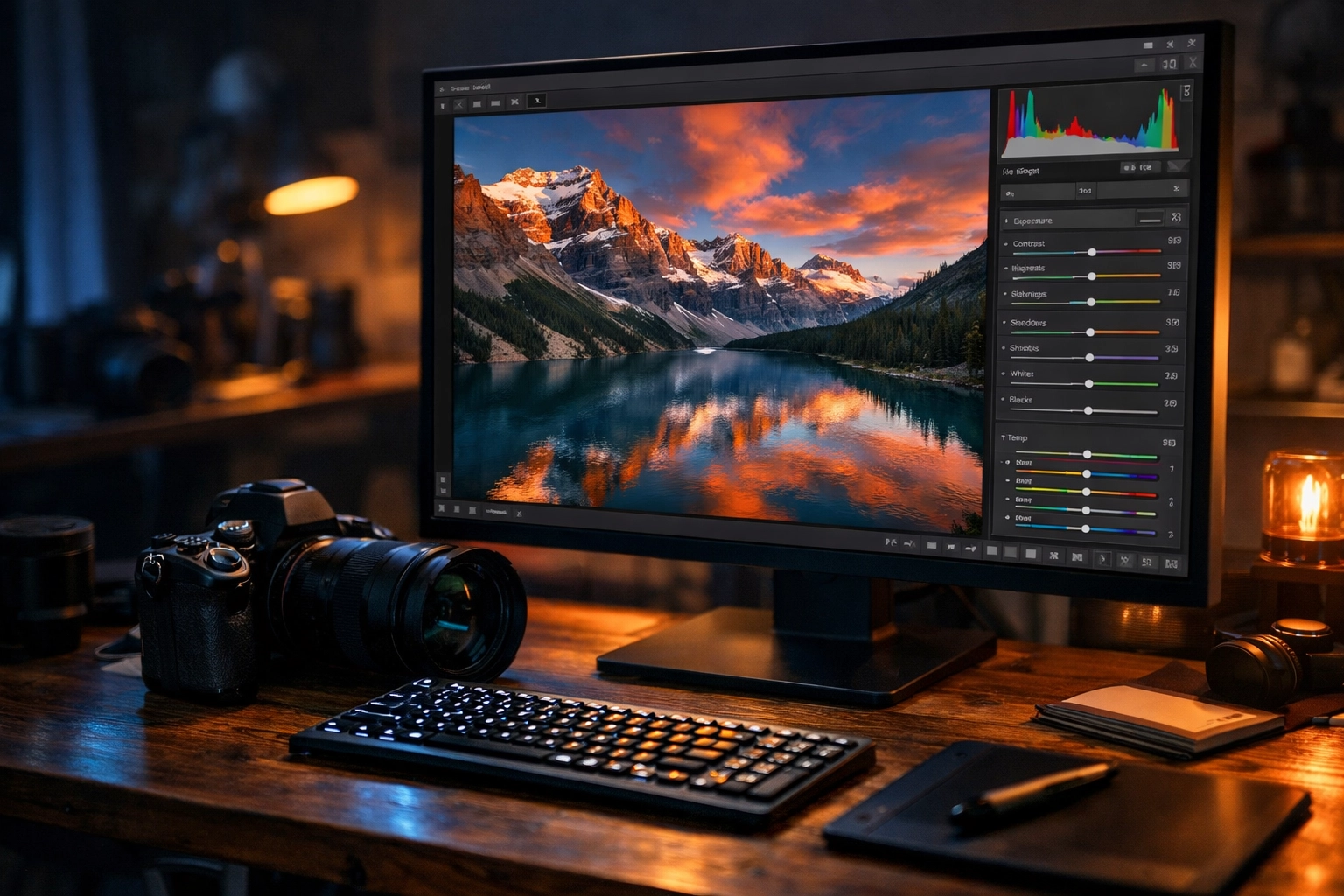A professional workspace showing a photographer editing a RAW image on a high-resolution monitor.