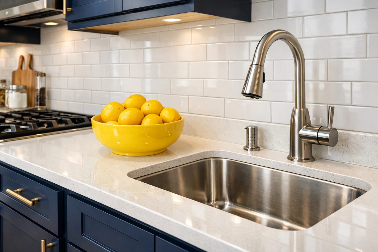 Spotless luxury apartment kitchen in Leominster MA featuring sanitized quartz countertops and blue cabinets.