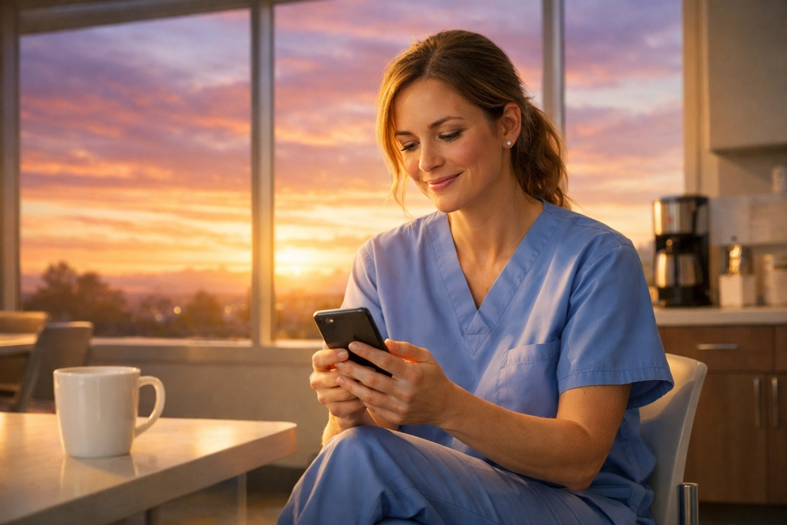 Healthcare professional finding spiritual support on her phone during a hospital shift break.