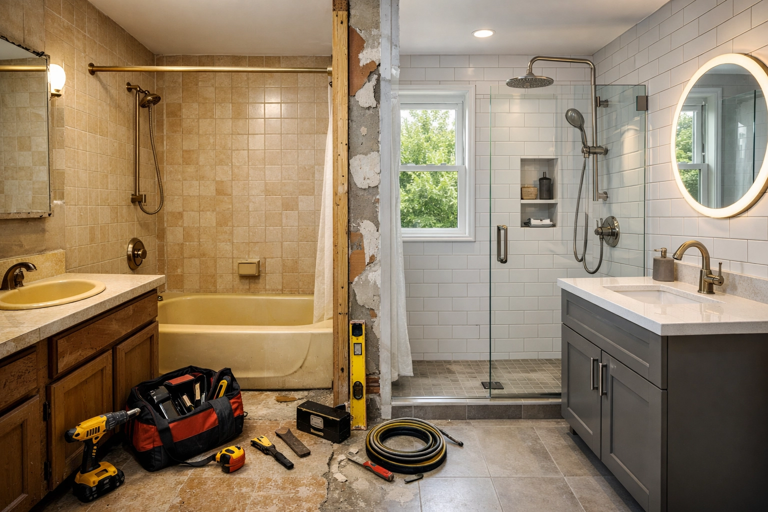 Orlando bathroom remodeling mid-renovation showing before and after transformation progress