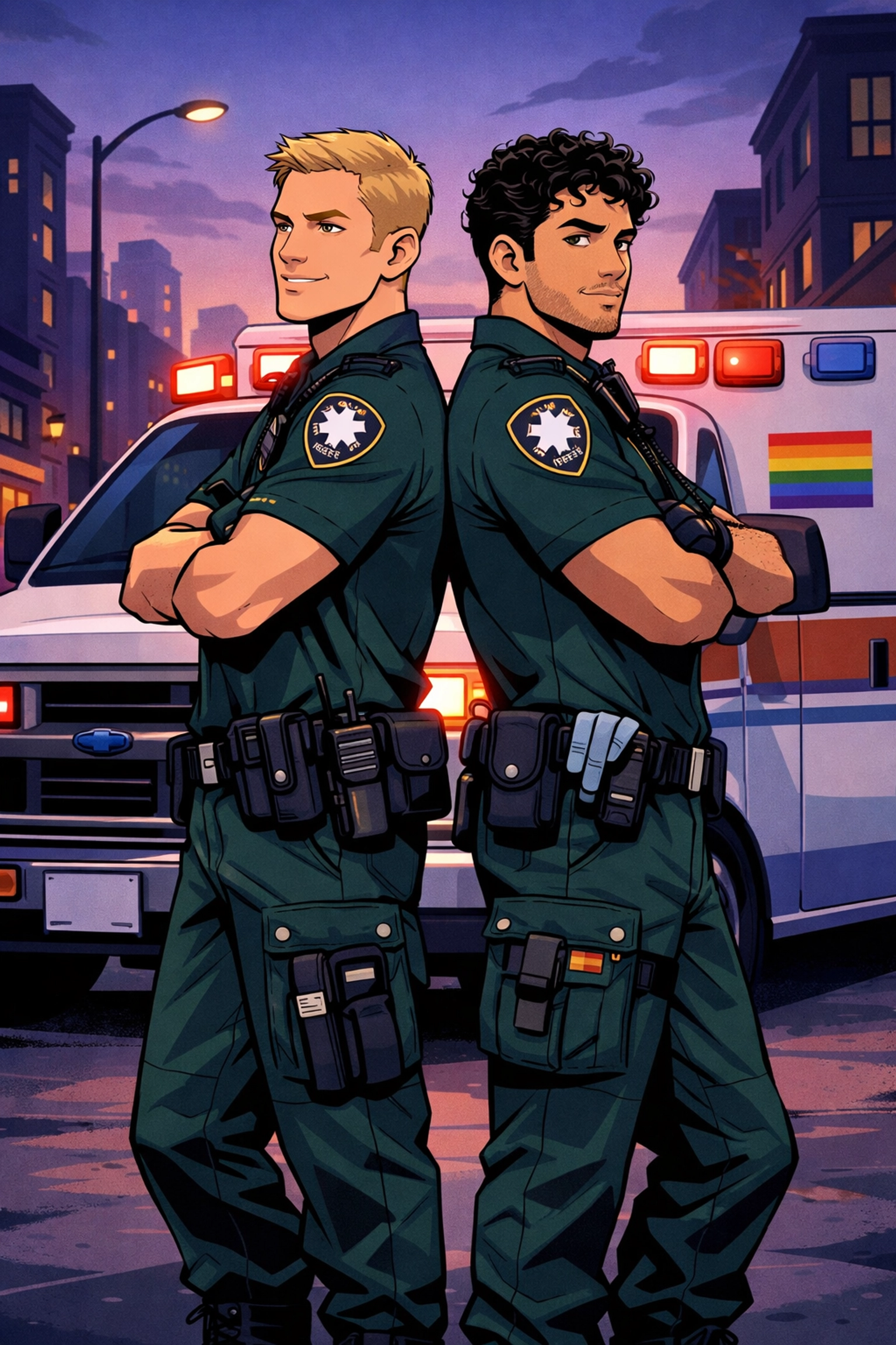Two male paramedic partners in uniform representing gay romance and first responder love stories