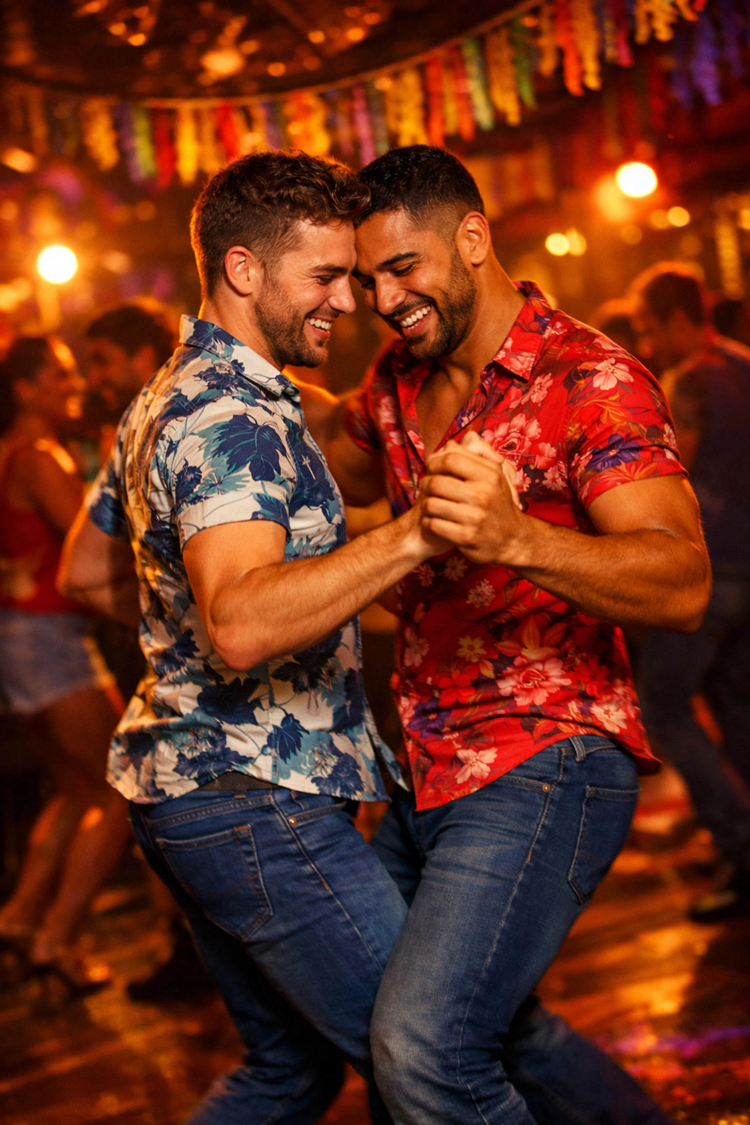 Two men dancing samba together in vibrant Rio nightclub celebrating gay honeymoon