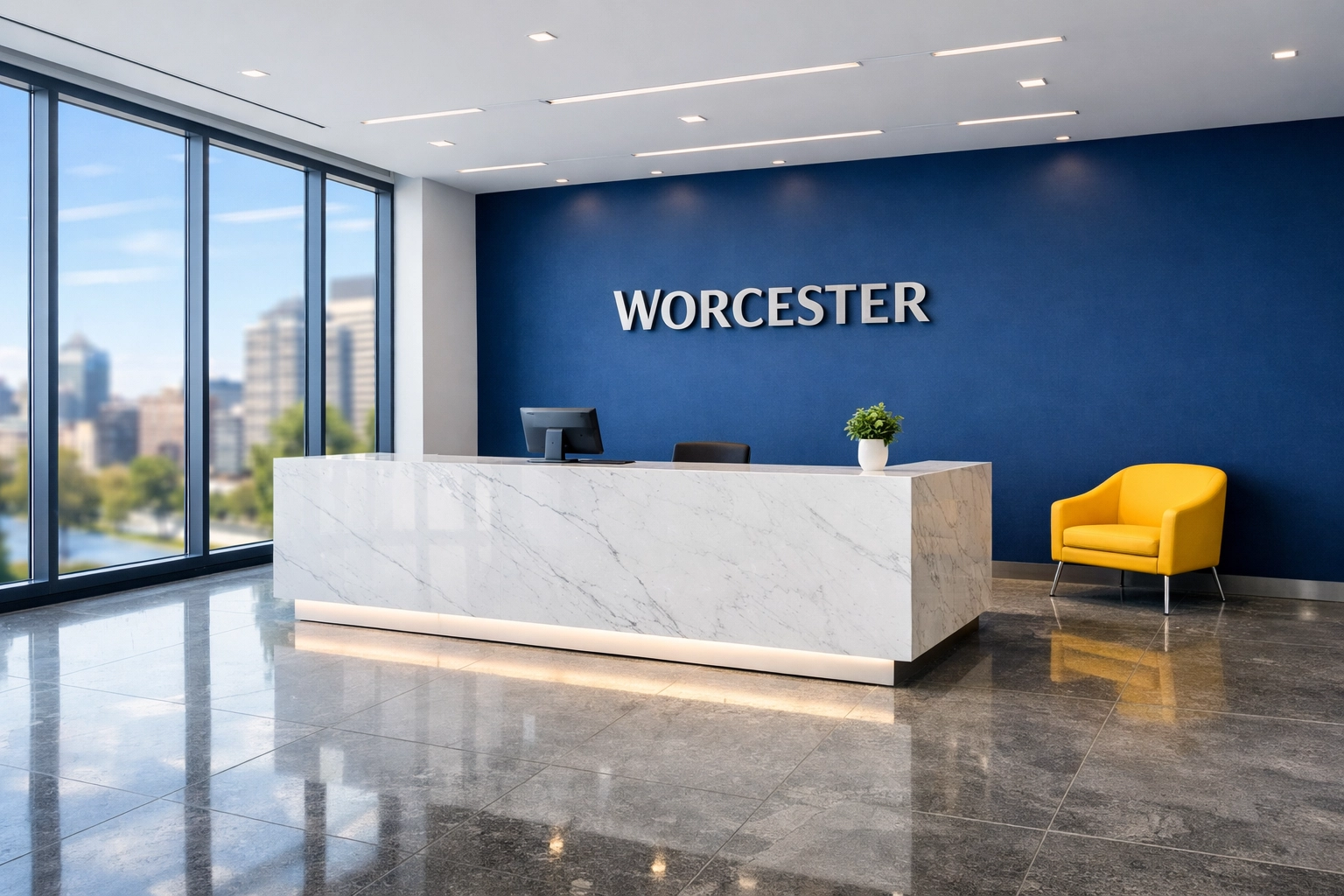 Clean and professional Worcester corporate lobby reflecting Ninja-Level Office Cleaning in Worcester standards.