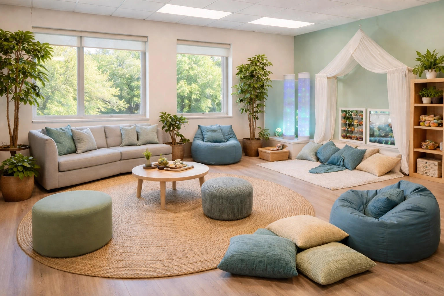 School calming room setup with cozy seating and calming colors in a student wellness space