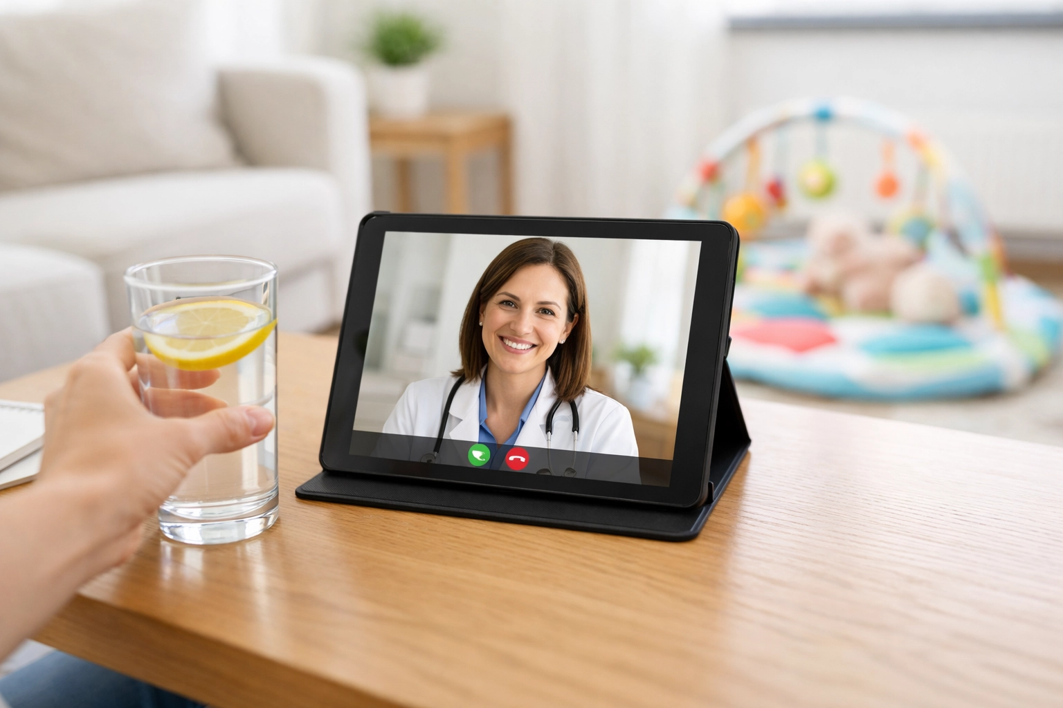 Telehealth consultation on a tablet, showing medical supervision for safe and healthy postpartum weight management.