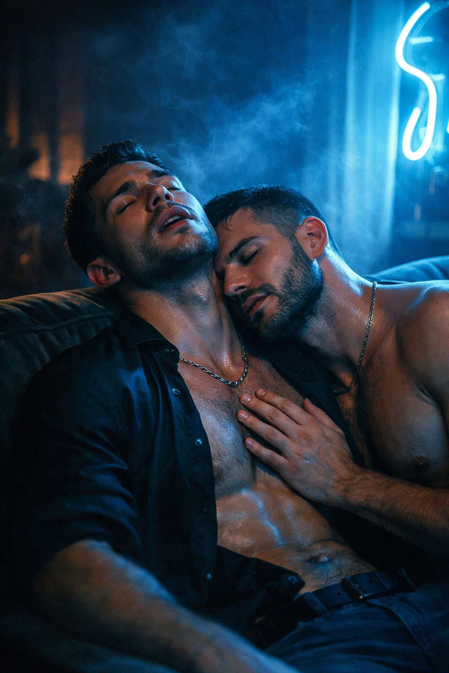 Two gay men in a neon-lit room experiencing the high of a chem-sex session in gritty gay fiction.