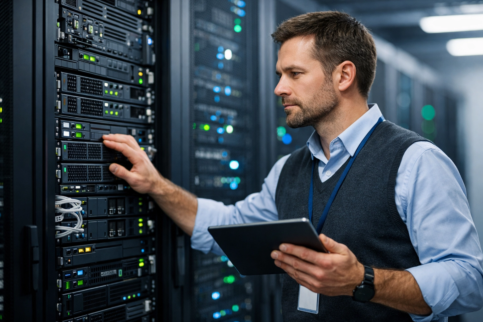 IT specialist manages server hardware using integrated ITAM and ITOM data on a mobile tablet.