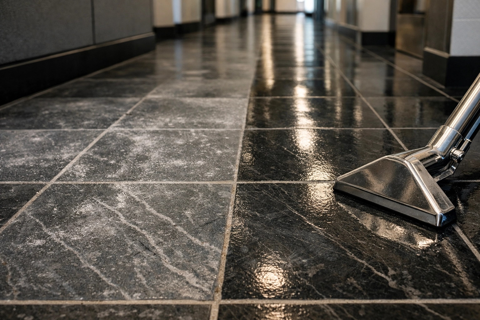 Professional floor cleaning in a Detroit office removing winter salt stains from slate tile.