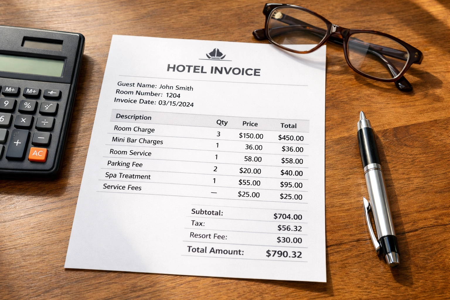 Hotel invoice detailing charges for room, mini bar, room service, parking, spa treatment, and service fees, with a total amount of $790.32, emphasizing hidden costs during NYC Hotel Week.