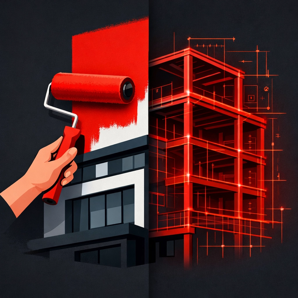 Illustration comparing a website redesign refresh with a structural website rebuild for business growth.