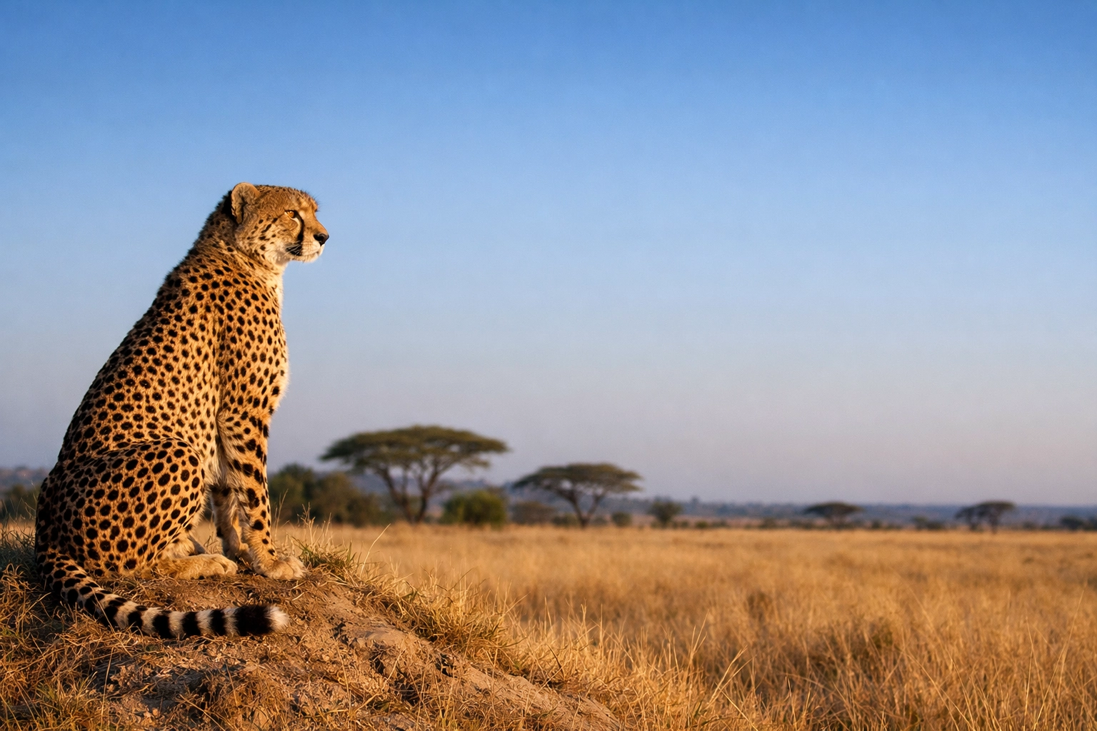 Cheetah sitting with lead room on the right side of the frame for balanced composition and sponsor text.