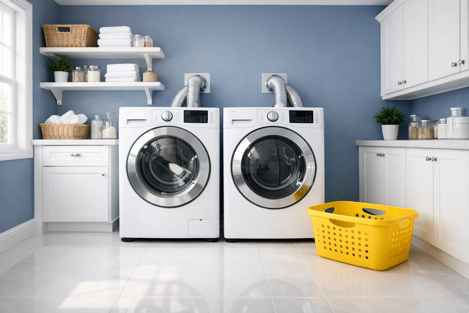 Pristine laundry room with clean floor and vent behind white washer and dryer.
