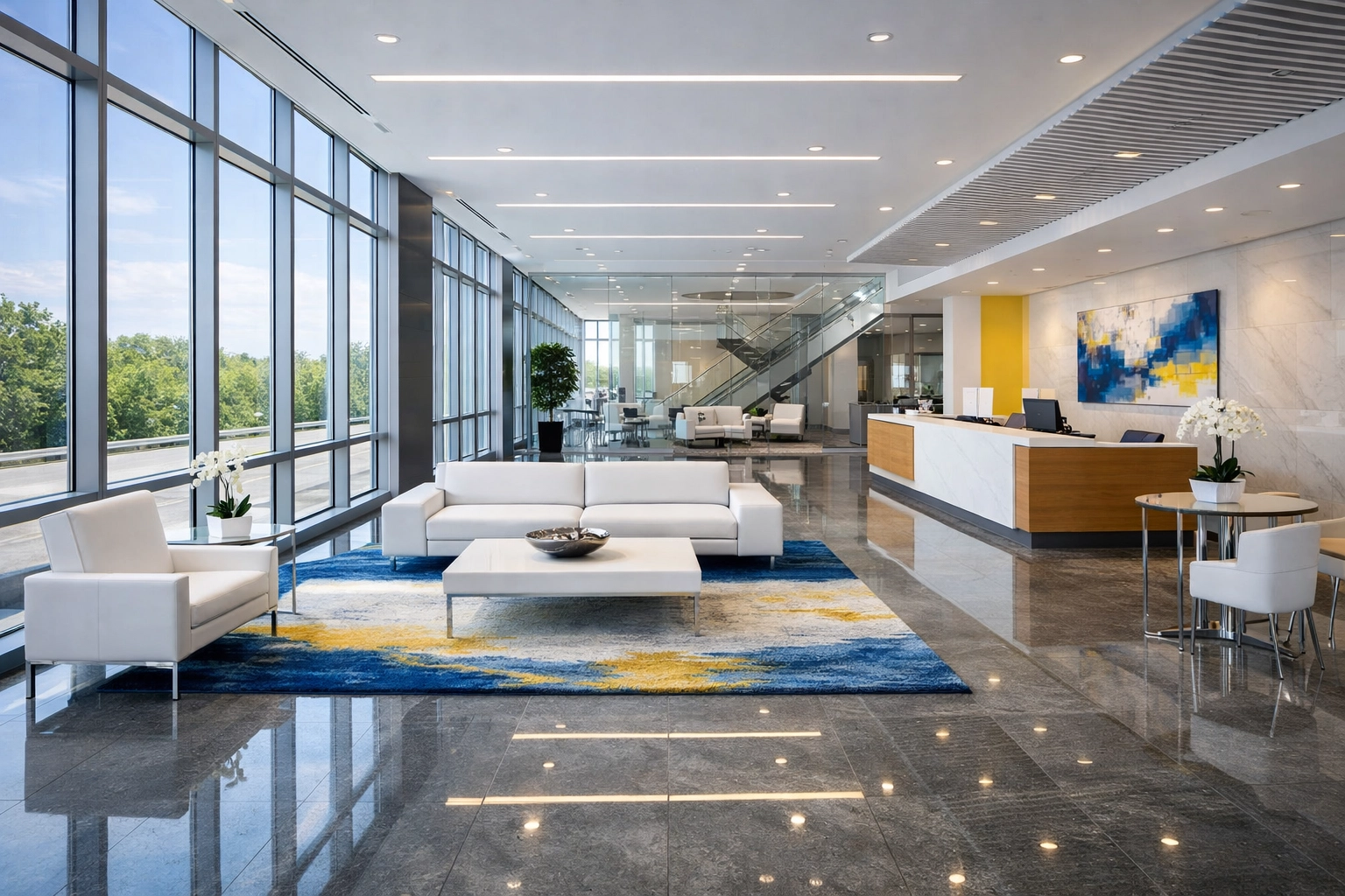 Modern corporate office lobby in Franklin, MA, featuring professionally cleaned stone floors.