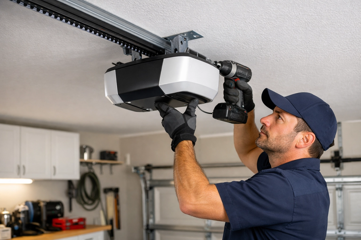 Quiet belt-drive garage door opener operating smoothly beneath a peaceful bedroom.