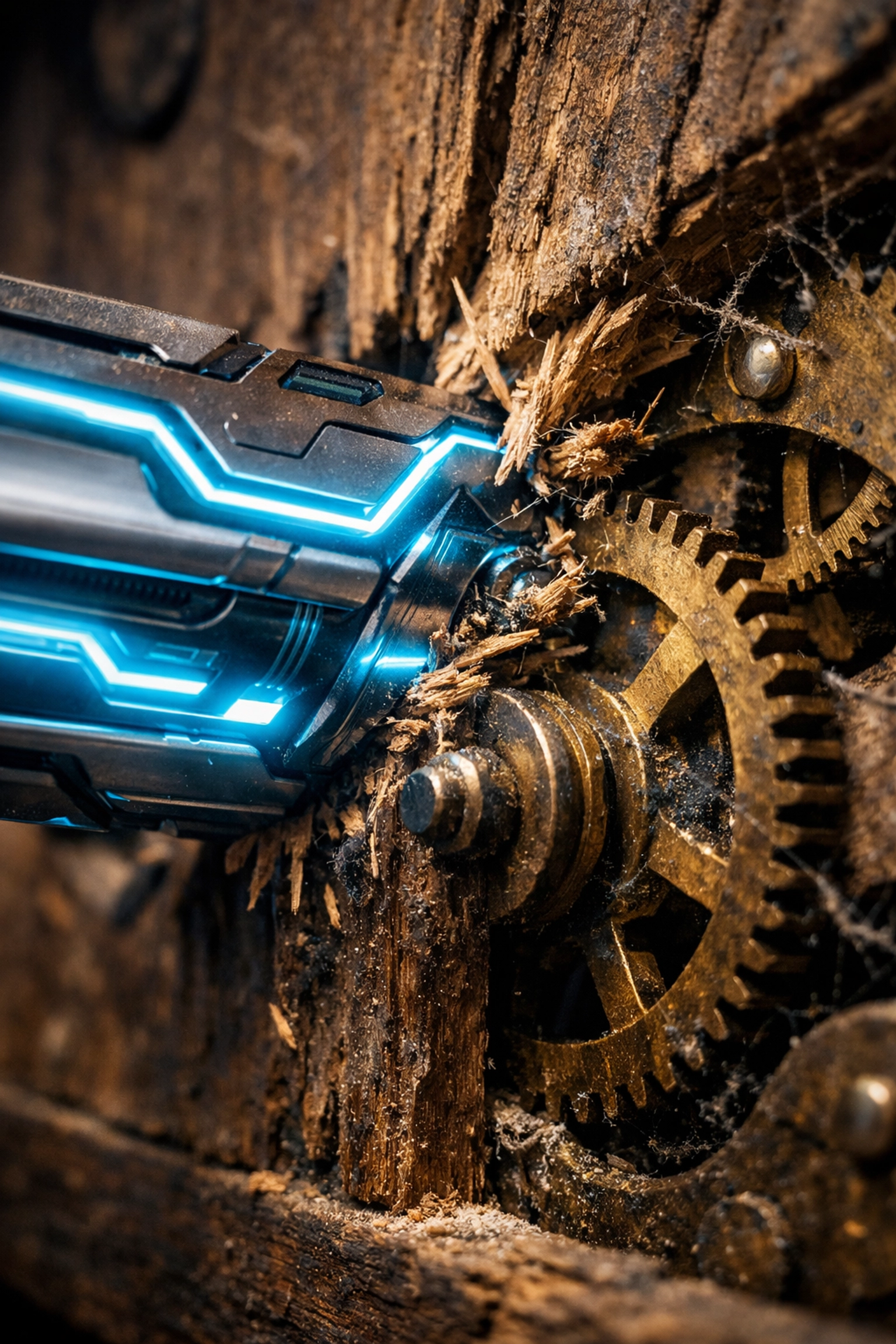 A modern gear inside an antique clock, representing a strategic mismatch in workflow automation consulting.