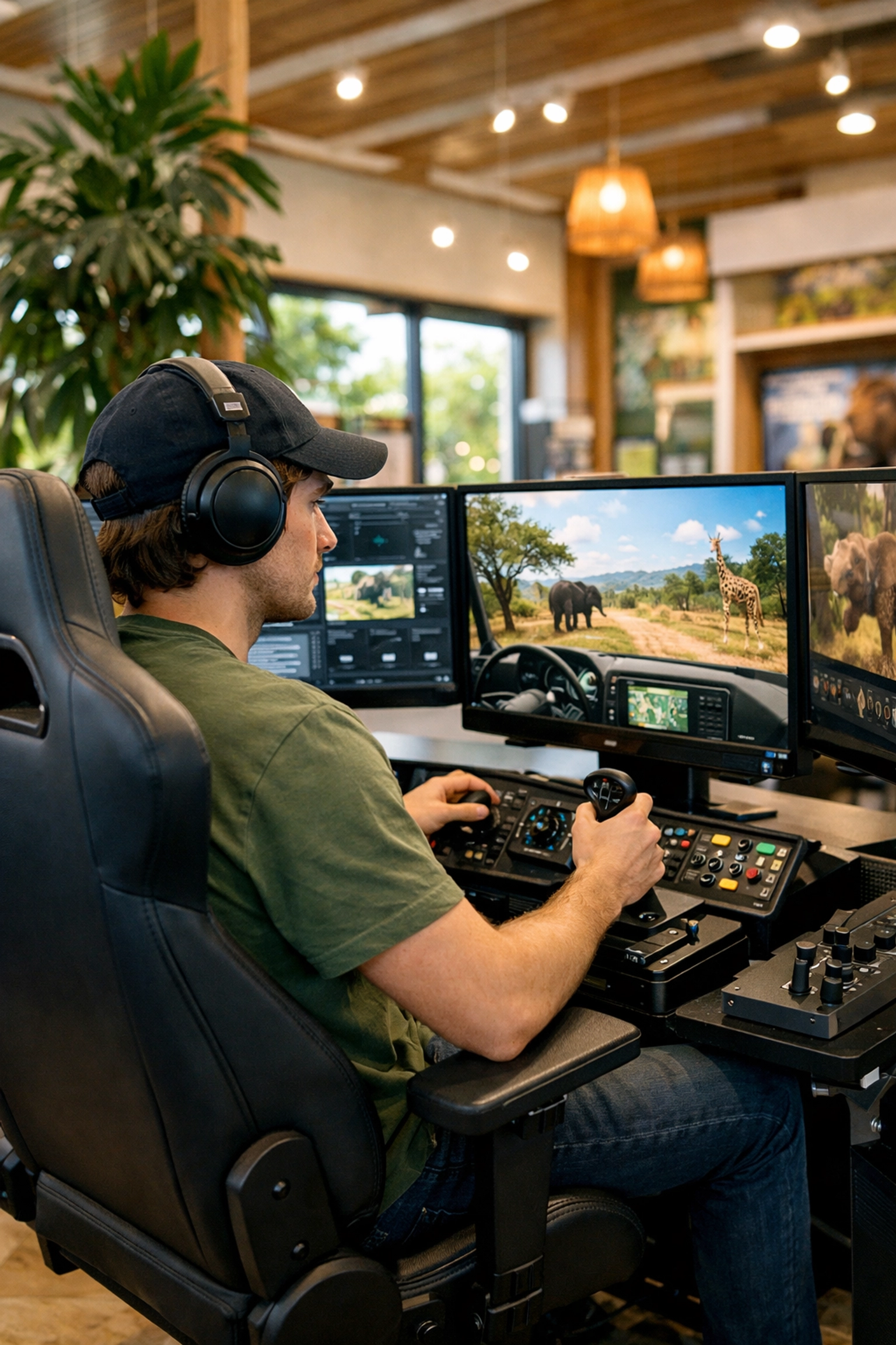 Young adult engaging with a high-tech media hub and simulation station at a modern zoo visitor center.