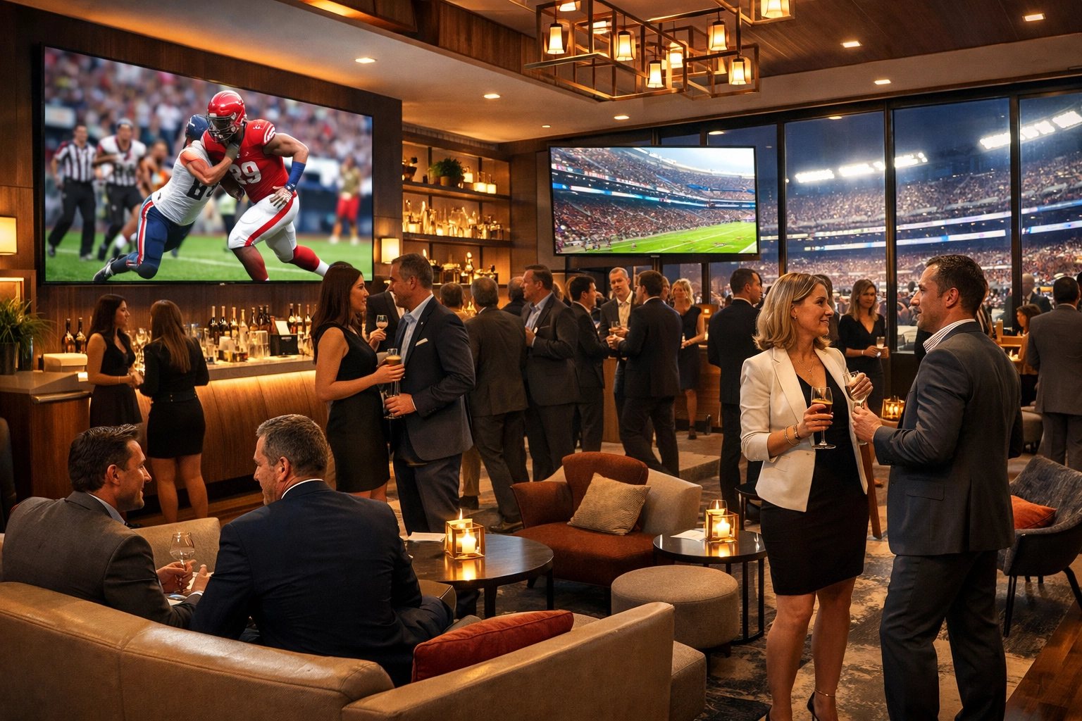 Corporate hospitality lounge at Super Bowl with business professionals networking