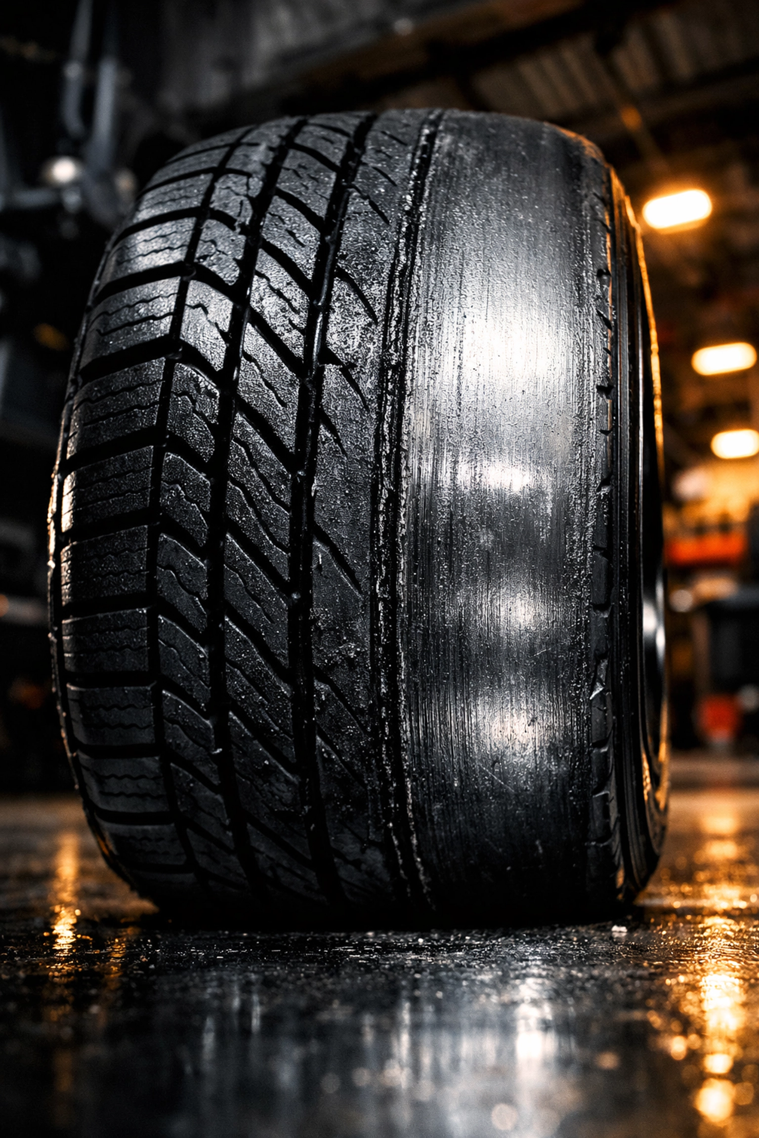Close-up of uneven tire wear showing bald edges caused by poor alignment at an auto repair shop in Petersburg, IL.